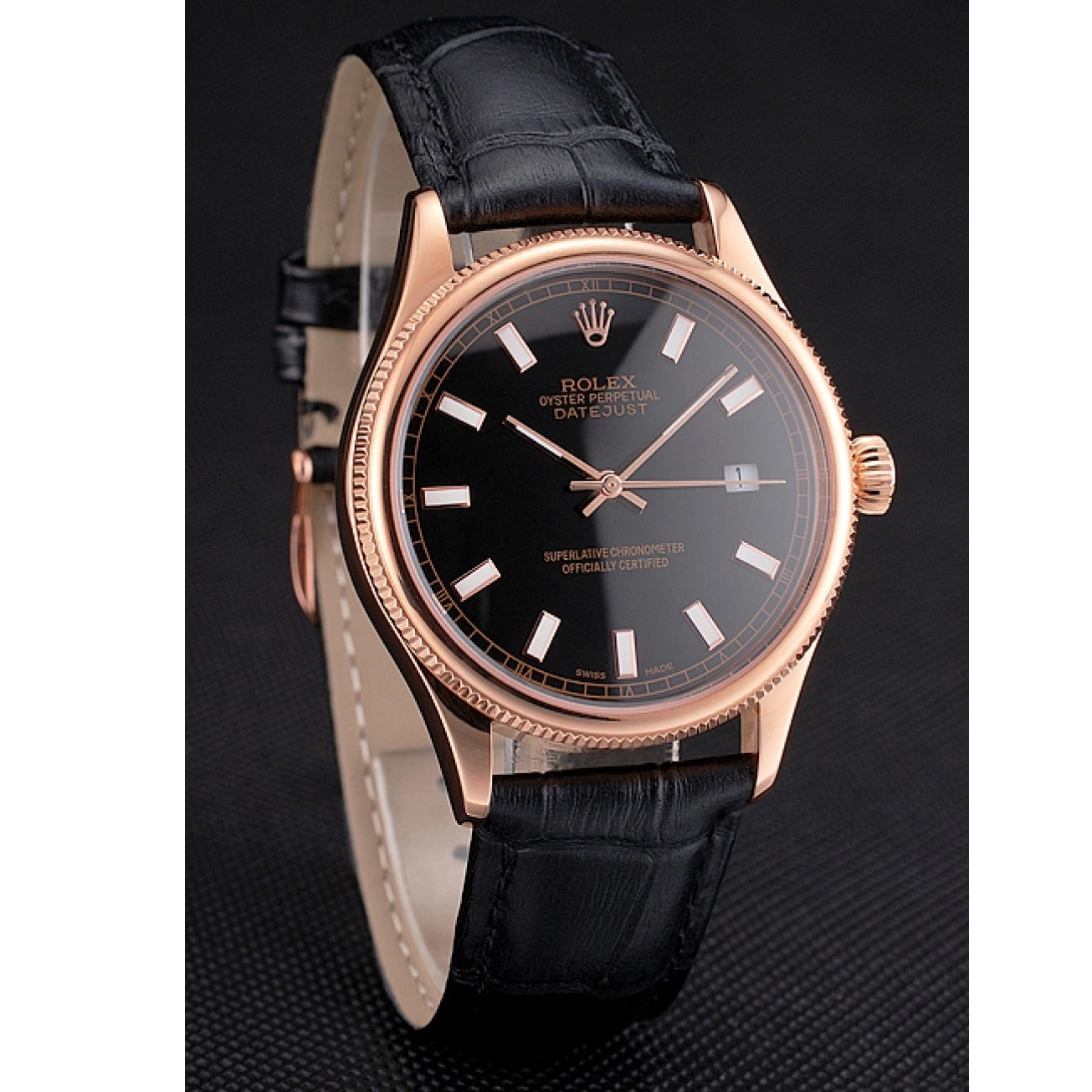 Good copy rolex watches Gold Leather Black Datejust Black Dial Swiss Rose Strap Rolex Case 0822